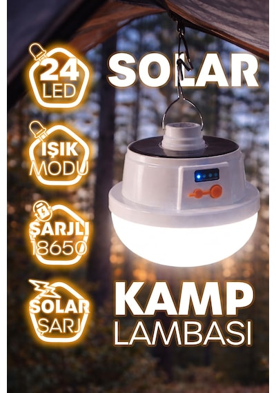 Şarjlı Solarlı Kamp Lambası 5 Modlu Orta-yüksek Işık Sos Askılı Işıldak Kamp El Feneri 47724 Beyaz