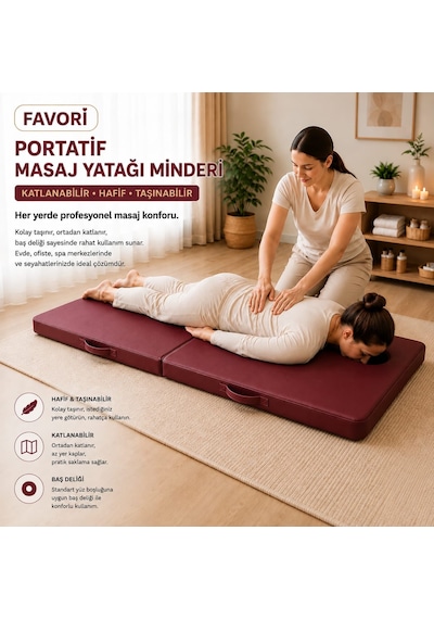 Masaj Yatağı Portatif Katlanabilir Masaj Yatağı Minderi 6 Cm Sünger 180x70 Cm Bordo