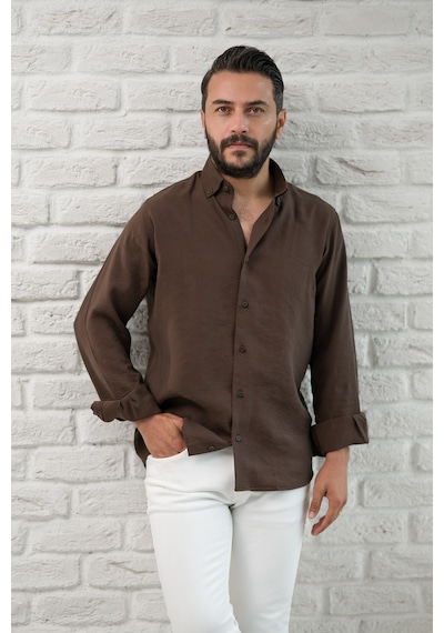 Regular Fit Yaka Düğmeli Yazlık Modal Kumaş Erkek Gömlek Kahverengi