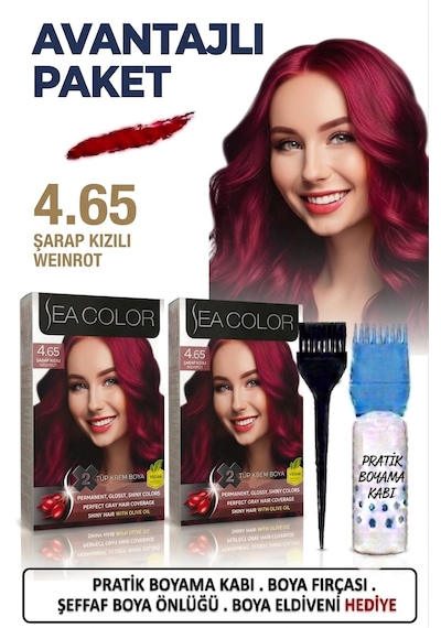 Sea Color Set Saç Boyası 4.65 Şarap Kızılı 2 Li 2 Kutu+pratik Boya Kabı
