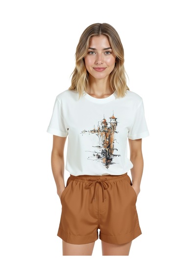 Kadın Beyaz Relaxed Fit %100 Pamuk Tişört Venedik Gondol Ve Kul Beyaz
