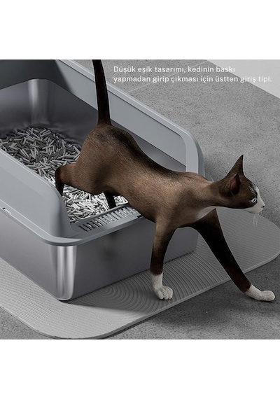 Mozonone Paslanmaz Çelik Yarı Kapalı Kedi Tuvaleti Metal Kum Kabı Üstten Giriş Yüksek Kenar Kürekli