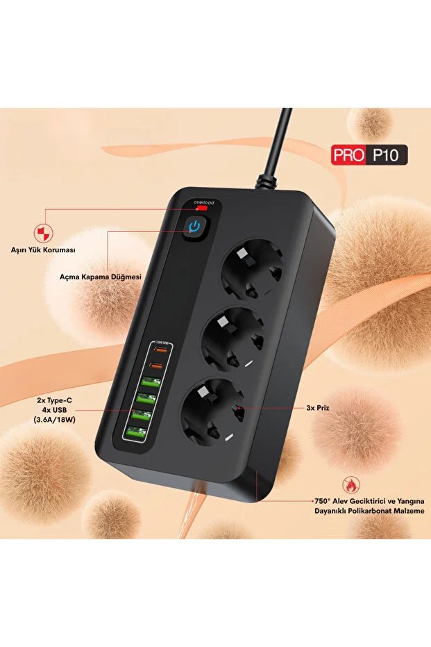 Pro P10 3x Priz 3000w Akım Korumalı 4x Usb 2x Type-c Girişli Çoklu Priz Siyah 2