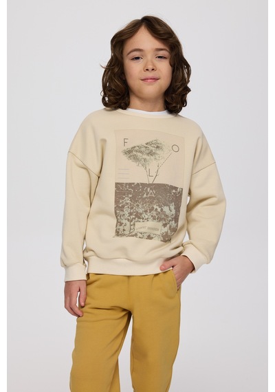 Panço Erkek Çocuk Baskılı Bej Sweatshirt Krem