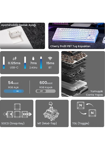 Aula F87 Pro V2 Mekanik Rgb Tkl Star Vector Switch Kablosuz Makrolu Hot Swap Klavye Desenli Beyaz