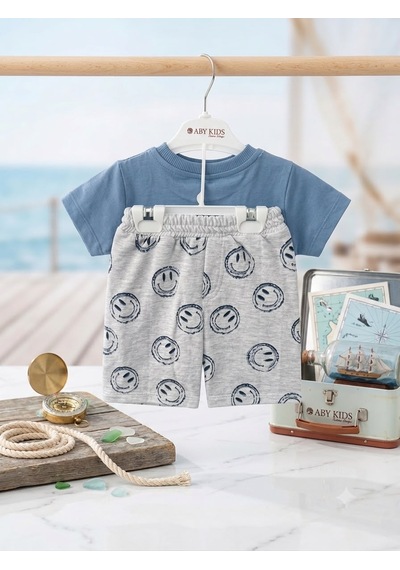 Aby Kids %100 Pamuklu Erkek Çocuk Smiley Baskılı Şortlu Takım - Mavi/gr açık mavi