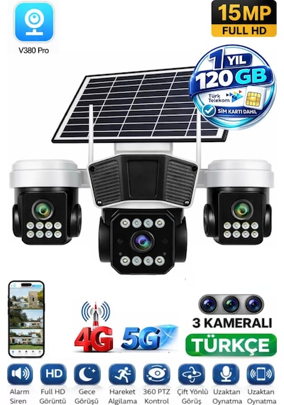 Rx95g Solar Güvenlik Kamerası Türkçe 4g Sim Kartlı Ptz Hareketli Gece Görüşlü Güneş Panelli Kamera 1 Yıl 120gb Dahil