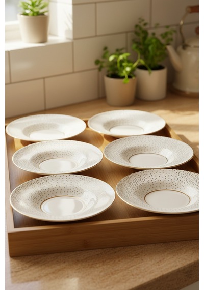 6 Kişilik Noktalı Altın Yaldızlı Çay Tabağı 12cm Beyaz