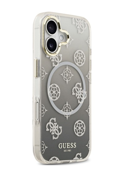 Apple Uyumlu iPhone 17 Kılıf Guess Lisanslı M-safe Şarj Özellikli Simli Peony Desenli Silikon Kapak Siyah Siyah
