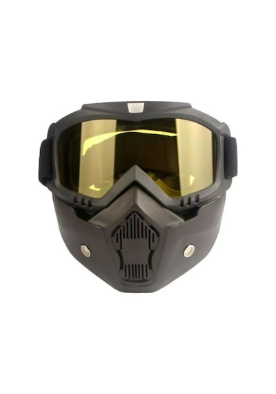 Motoanl Cross Motosiklet Bisiklet Gözlüğü Açık Kask Maskesi Süngerli Bant Lastikli Jet Maske Sarı Camlı Siyah