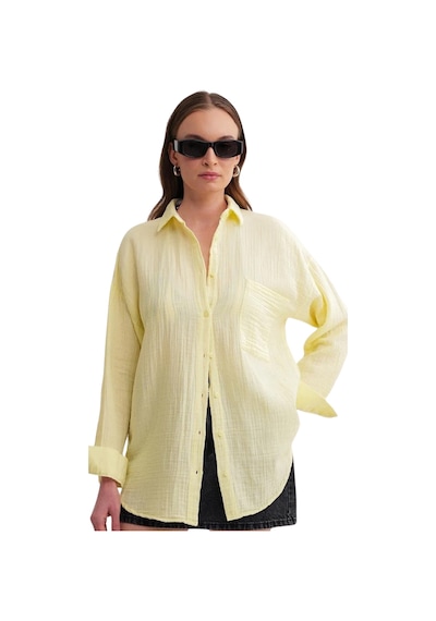 Kadın Oversize Basic Cepli Müslin Gömlek Sarı