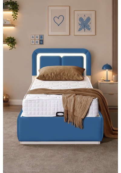 Demonte Baza Seti, Nox Ledli Tek Kişilik Baza Başlık Seti - İkili Set, Mavi - 100x200 Cm 100 x 200