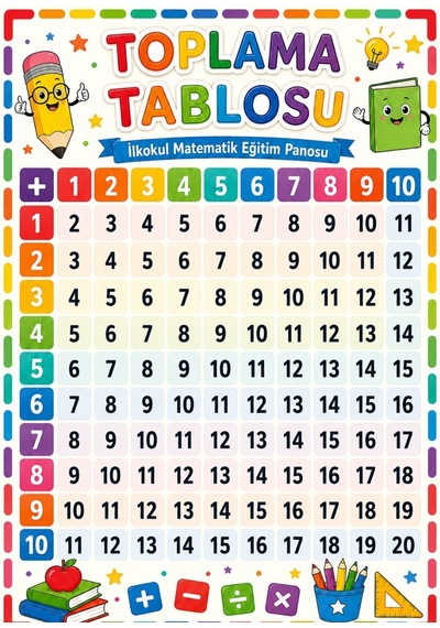 Toplama Tablosu 1-10 İlkokul Matematik Eğitim Afişi 50x70 Cm Tüm Yaşlar