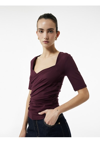 Koton Slim Fit Kısa Kollu Düşük Omuz Kruvaze Bluz Bordo 6wak70023uk Bordo