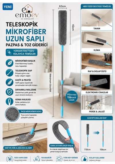 156 Cm Teleskopik Uzayan Saplı Esnek Mikrofiber Toz Alma Fırçası Dolap Üstü Ve Yüksek Alan Mopu