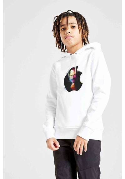 Tshirthane Steve Jobs Apple Baskılı Unisex Çocuk Kapüşonlu Beyaz Sweatshirt Beyaz