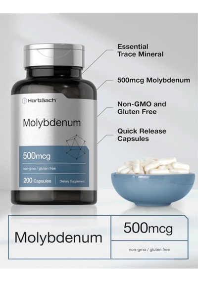 Horbaach Molybdenum 500mcg Quick Release 200 Capsules Amin... Aromasız