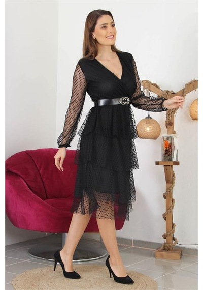 Neşeli Butik Kadın Kemerli Eteği Kat Kat Yeni Sezon Tül Elbise Nb10006 Siyah