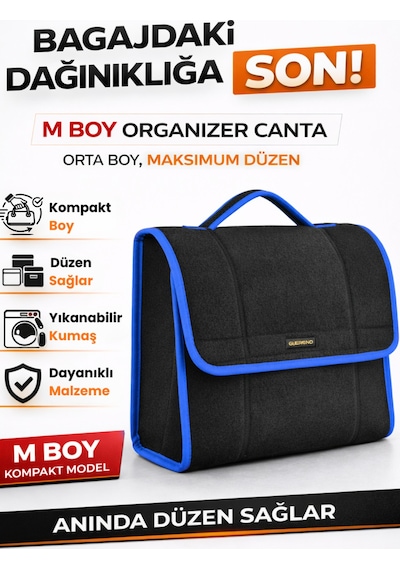 Oto Bagaj Organizer Bagaj Çantası M Boy Kaymaz Cırt Bantlı Velur Kompakt - Siyah Mavi