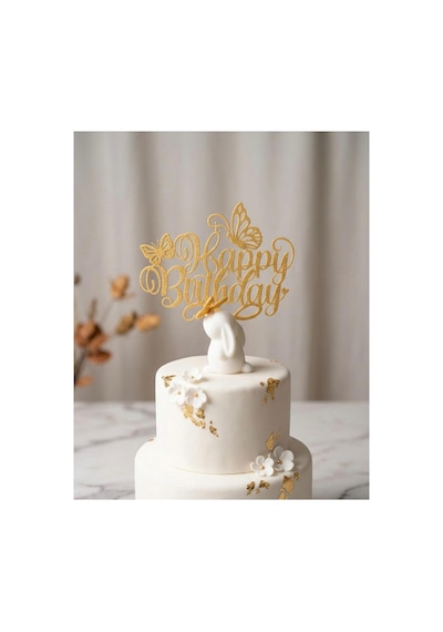 Pasta Süsü Doğum Günü Seti - Happy Birthday Yazı Ve 6 Cm Beyaz Tavşan Figürü Dekoratif Set