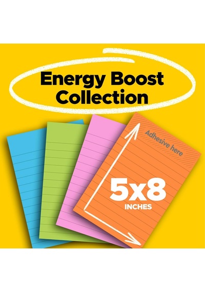 Süper Yapışkan Çizgili Notlar, 4 Yapışkan Not Defteri, 12,7 X 20,32 Cm, Yurdunuzda, Evinizde Veya Ofisinizde Organizasyon İçin İdeal, Energy Boost Koleksiyonu