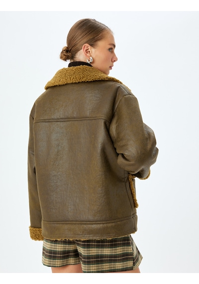 Koton Cepli Peluş Yaka Detaylı Oversize Suni Deri Ceket Yeşil 5wak20337ew Koyu Haki
