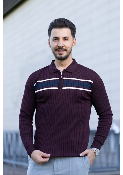 Hk Premium Kazak Polo Yaka Fermuarlı Şerit Detaylı Triko Bordo