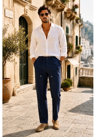 Danger Erkek Pamuk Viskon Kumaş Keten Görünümlü Lacivert Slim Fit Pantolon - 216dngr
