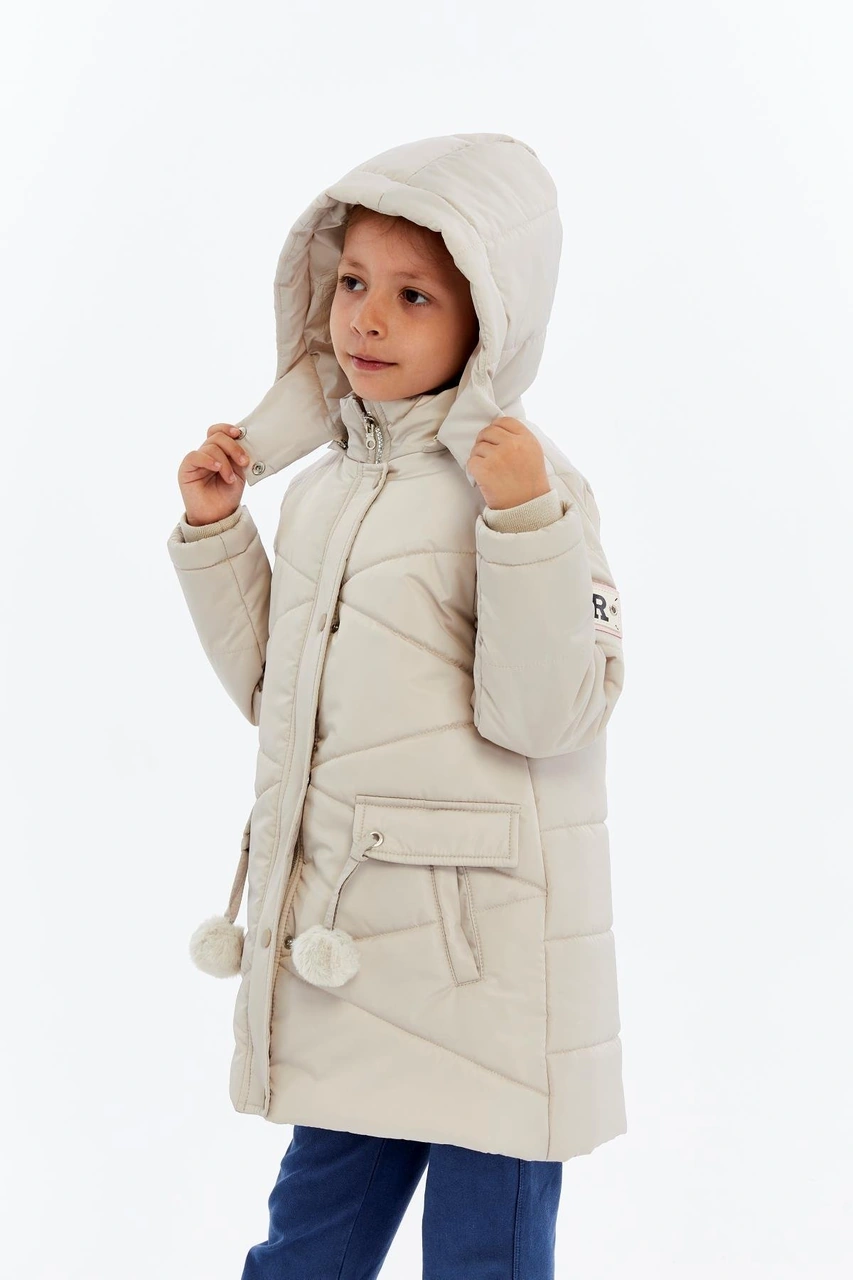 Benitto Kids Kapüşonlu Kışlık Ponpon Detaylı Kız Çocuk Kaban 51354 Ekru