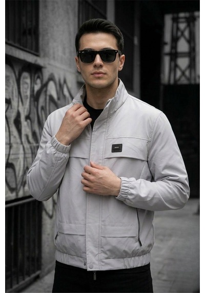 Oksit Trend Style Slim Fit Suya Dayanıklı Erkek Mevsimlik Ceket - Fermuarlı Ve Cepli Gri