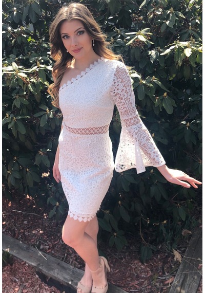 Fashion Cocktail Romantik Dantelli Tek Kollu Asimetrik İnce Astarlı Mini Davet Elbise Ekru Ekru