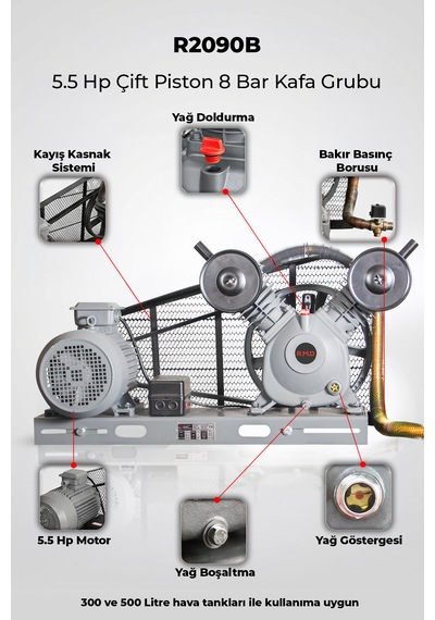 5.5 Hp Çift Piston 8 Bar Kompresör Kafası