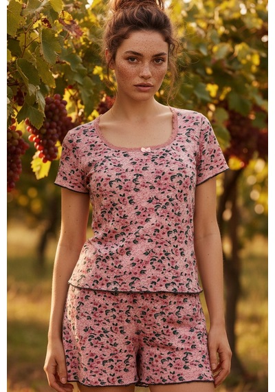 Siyah İnci Dantelli Fitilli Kaşkorse Örme Şortlu Pijama Takım 26120052 Pudra Pembe Çiçek