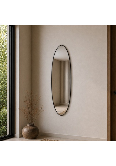 Modern Oval Boy Aynası 40x120 Cm İnce Çerçeveli Minimalist Dekoratif Duvar Aynası Siyah