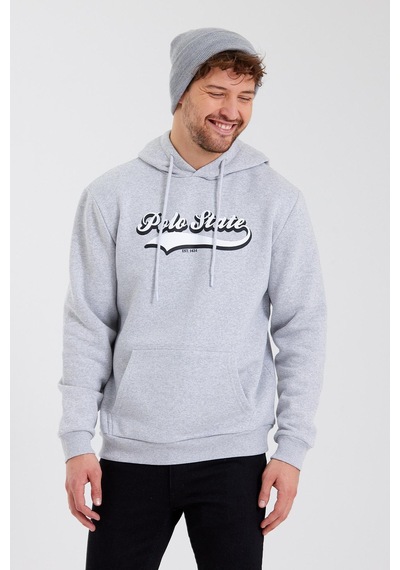 Polostate Erkek 3 İplik Pamuklu İçi Polarlı Baskılı Regular Fit Kapüşonlu Kanguru Cepli Gri Sweatshirt Gri