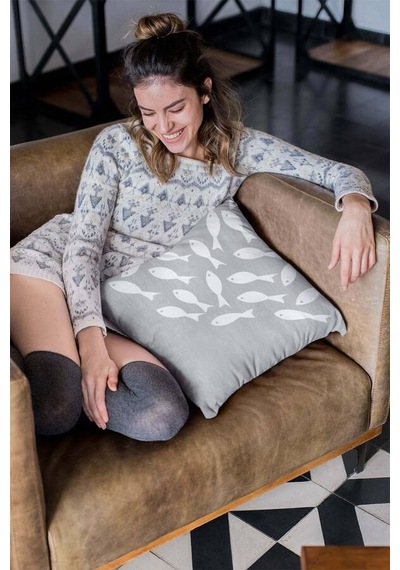 Gri Balık Desenli Çift Taraflı Yastık Kırlent Kılıfı Krl425n11