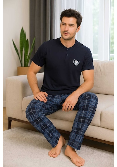 Tenra Erkek Pijama Takımı %100 Pamuk Kısa Kollu Lacivert