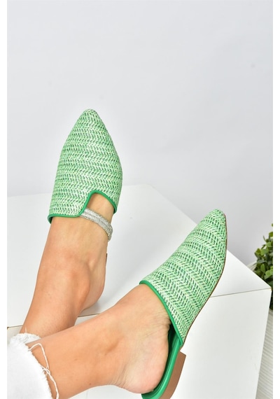Fox Shoes Yeşil Hasır Taş Detaylı Kadın Terlik P820031417