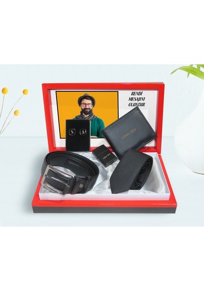 Bk Gift Kişiye Özel Fotoğraflı Ve Mesajlı Kutuda Cüzdan Kemer Çakmak Kravat Ve Kol Düğmesi Hediye Seti Çok Renkli