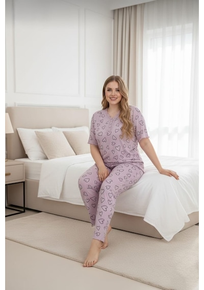 Eyfuze Kadın Büyük Beden Yakası Düğmeli Kısa Kollu Bambu Pijama Takımı Pembe