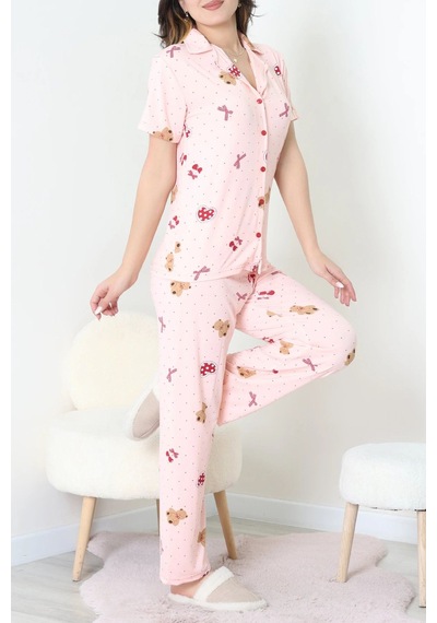Modi Milan Kumaş Düğmeli Pijama Takımı Pudra - 750.1287. Açık Bej - Siyah