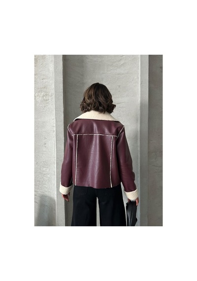 Verymoda Lamine Deri Fermuarlı F1511 Bordo Krem