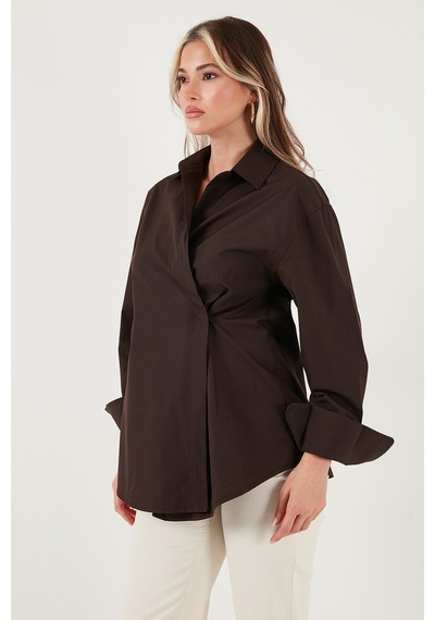Lela Regular Fit Klasik Yaka Bağlamalı Uzun Kollu Bayan Gömlek 6834987 Kahve