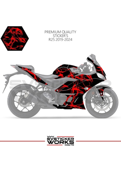 Yamaha R25 2019-2024 Kaplama Sticker Şimşek Yıldırım Motor Kaplama Modeli Hazır Kit 2019 / 2023 Uyumlu Kırmızı