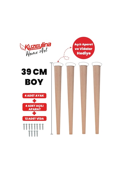 4'lü 39 Cm Doğal Ahşap Ayak Konik Masa-sandalye-tabure- Sehpa Ayağı Kahverengi