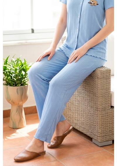 Mataş Kadın Ayıcık Desenli Bambu Viskon Kısa Kollu Yumuşak Soft Örme Pijama Takımı Mavi