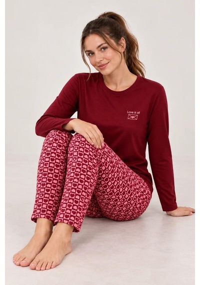 Gd Goldoremi Kadın Kalp Desenli Likralı Termal Kumaş Bordo Uzun Kollu Pijama Takımı