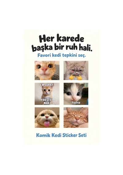 Kedi Sticker Seti 42 Adet Sevimli Kedi Çıkartmaları Laptop, Defter, Telefon Çok Renkli