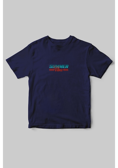 Summer Vibes Yazlık Kısa Kollu Kumsal Güneş Tasarımlı Minimal %100 Pamuk Bisiklet Yaka T-shirt Lacivert