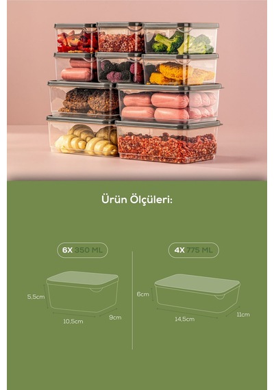 Vienev 10'lu Buzdolabı Düzenleyici Organizer Mikrodalgaya Uygun Difriz Saklama Kabı Gri Gri